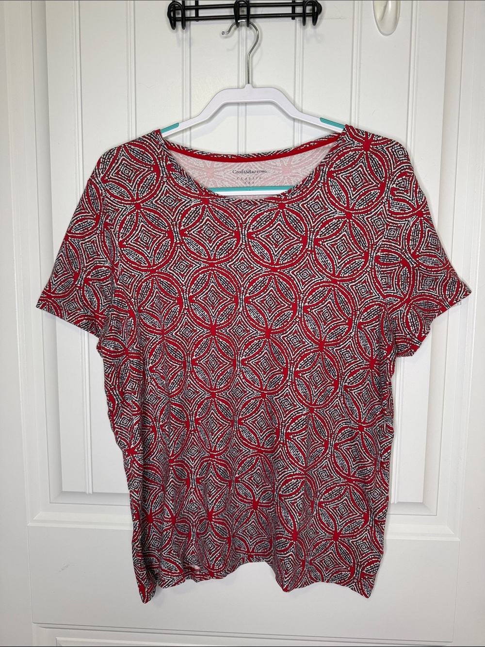 Croft & Barrow Women’s Classic Tee Red Geometric Print Cotton Top 1X